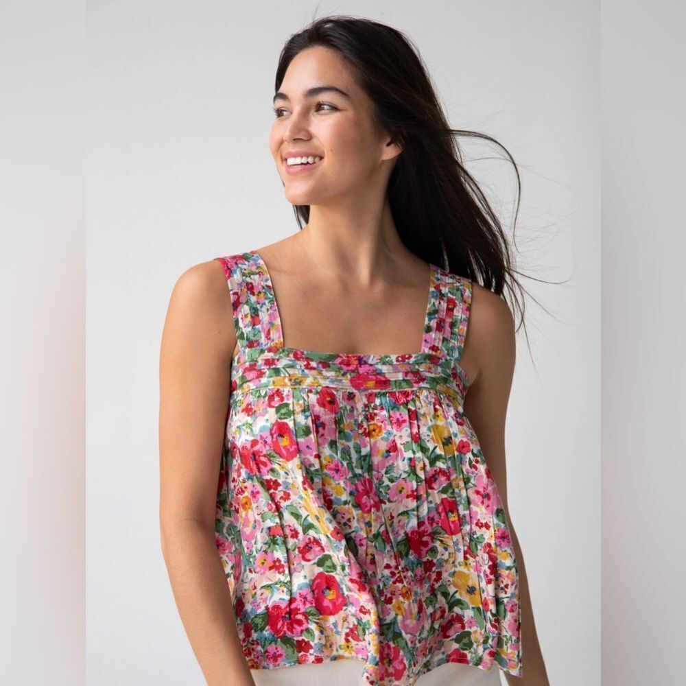 NATURAL LIFE Kate Pleated Bright Pink Floral Tank Top  XL *NEW*